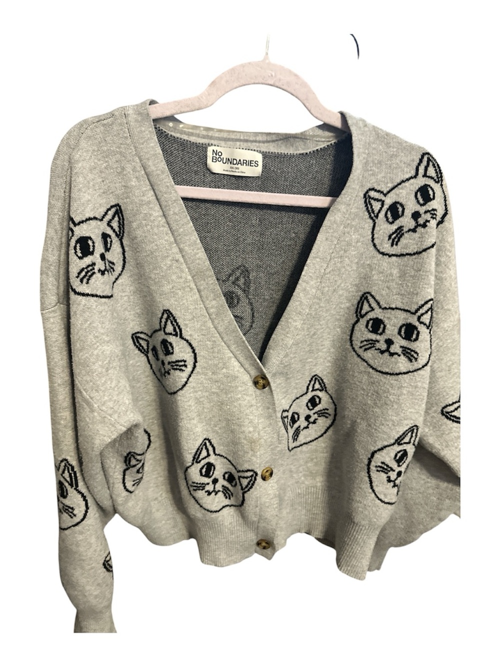 No Boundaries Light Gray Cat Face Button-Up Cardigan buttons xxl 20 new like